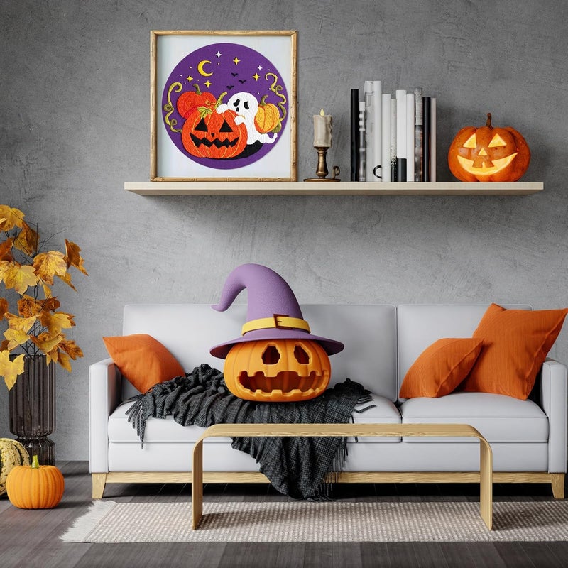 Nuberlic Halloween Embroidery Kits for Beginners Ghost Pumpkin DIY Cross Stitch Starter Craft Kits for Adults Including Cloth with Pattern Hoop Needles Instruction and Threads - Image 2
